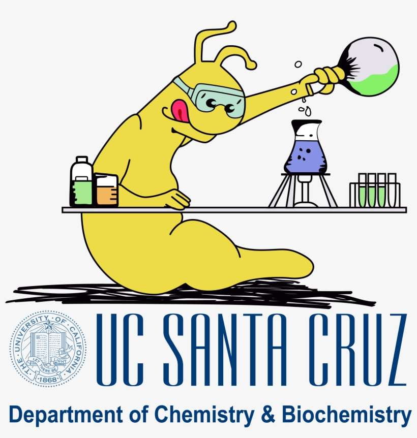 the UCSC logo and a slug cartoon with lab goggles doing chemistry