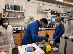a student participating in a demonstation pipetting task