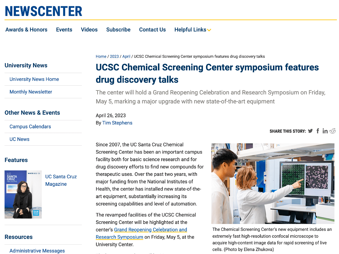 newscenter screenshot with the article title and picture of users at the microscope