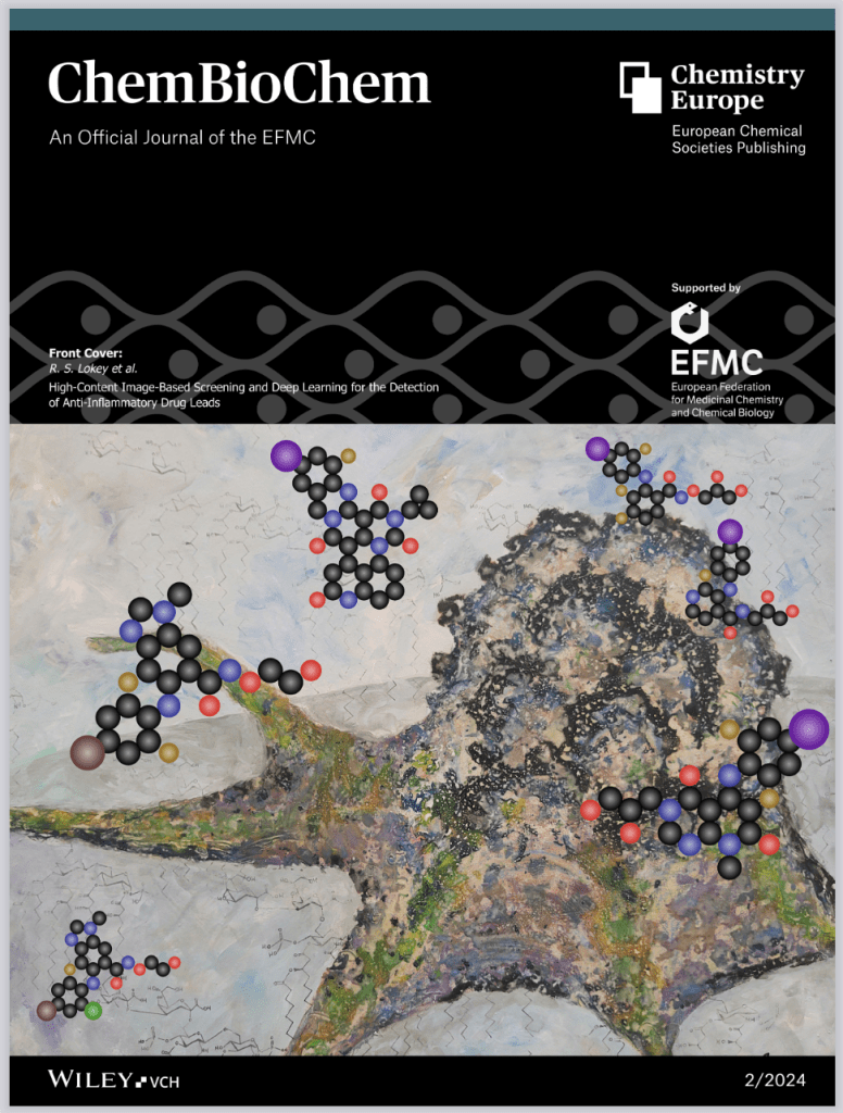 The cover of ChemBioChem with a painting of a macrophage and floating chemical structures.